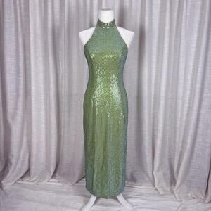 All That Jazz Dress Juniors 9/10 Green Sequin Halter Backless Bodycon Midi Prom